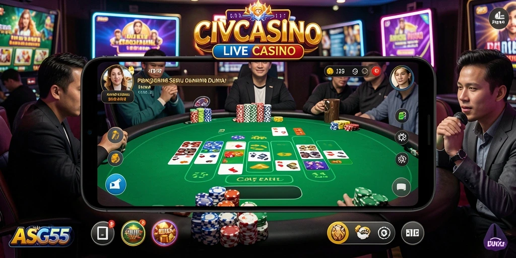 Screenshot ASG55 menampilkan dealer langsung dan permainan kasino dalam suasana nyata.