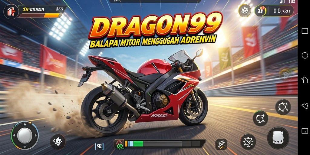 Tangkapan layar utama DRAGON99 menampilkan aksi balapan motor yang intens.