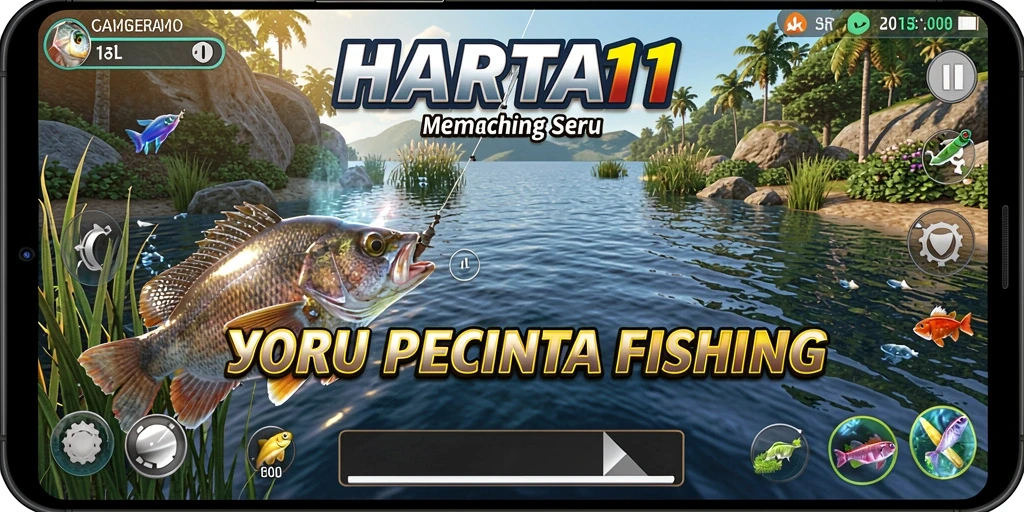 Screenshot permainan HARTA11 menunjukkan aksi memancing di lokasi indah.