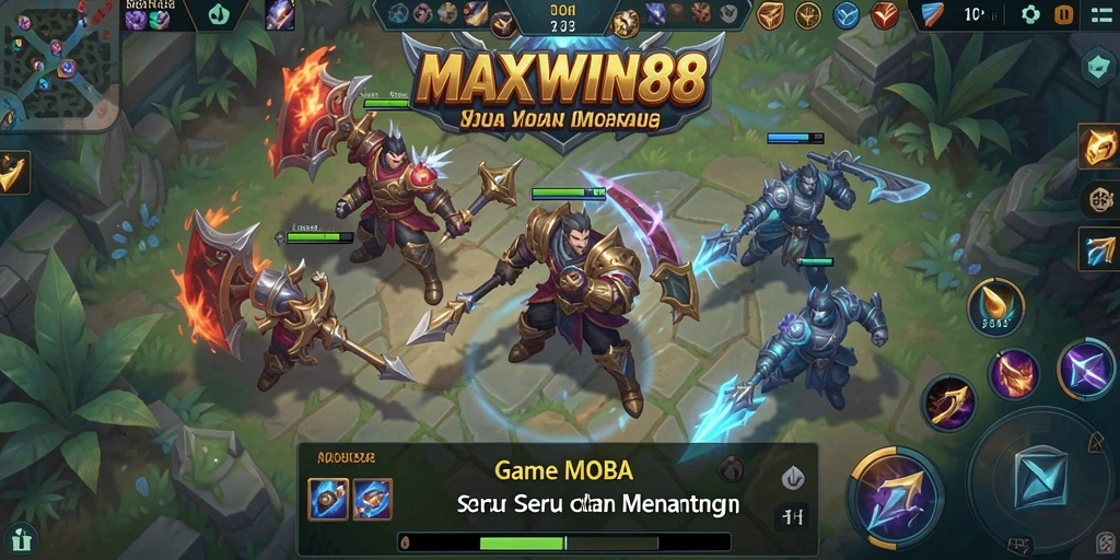Screenshot gameplay MAXWIN88 menunjukkan pertarungan seru di arena MOBA.
