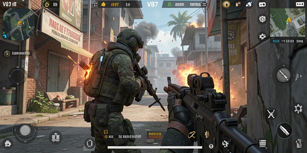 Tampilan utama gameplay V87 dalam pertempuran FPS yang intens.
