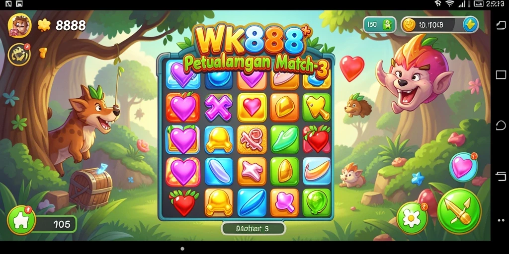 Screenshot WK888 menampilkan gameplay seru Match-3 dengan kombinasi warna cerah.